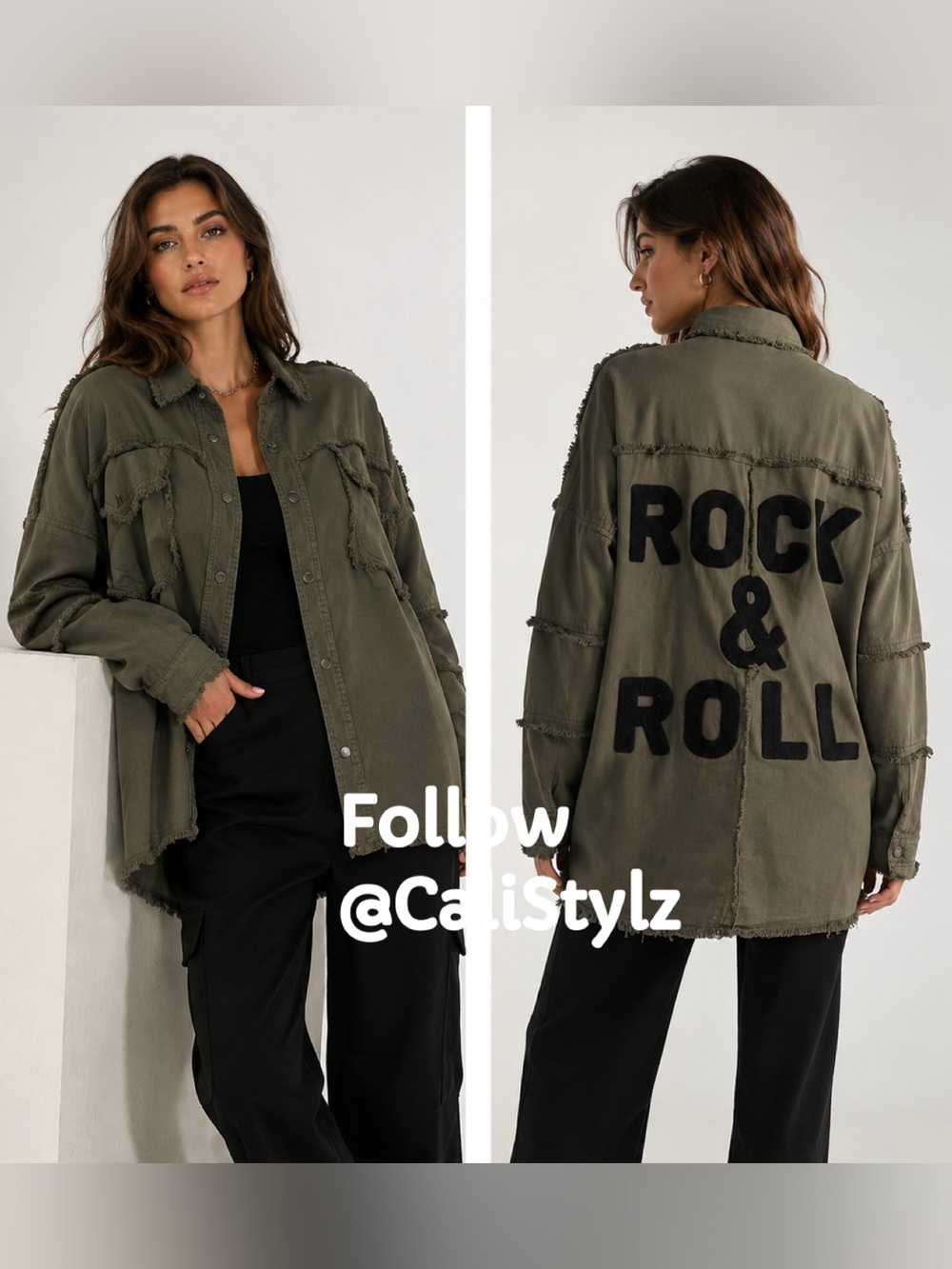 💚 NWT! Elan Rock & Roll Olive Frayed Shirt Jacket